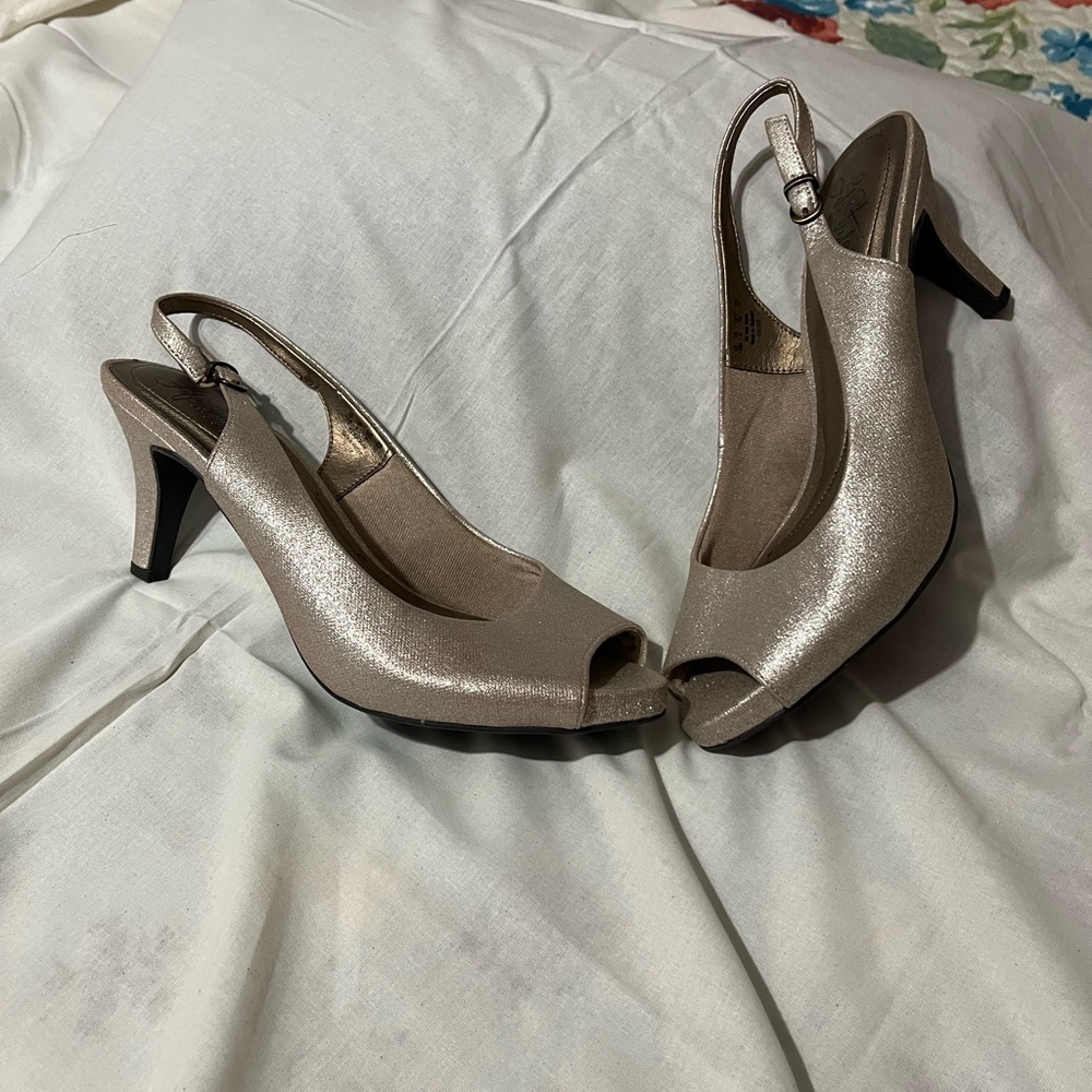 Life Stride Champagne Metallic Peep-Toe Slingback Heels